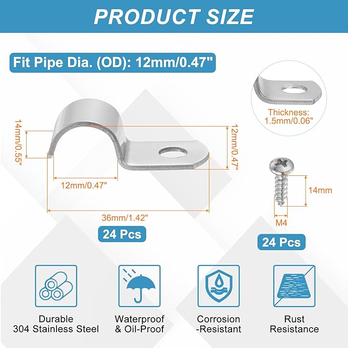 uxcell 24Pcs 12mm(1/2") One Hole Rigid Pipe Strap, 304 Stainless Steel Conduit Clamp Thicken U Bracket Heavy Duty Pipe Clamp with Self-Tapping Screws for Fixing Tube Cable, Silver