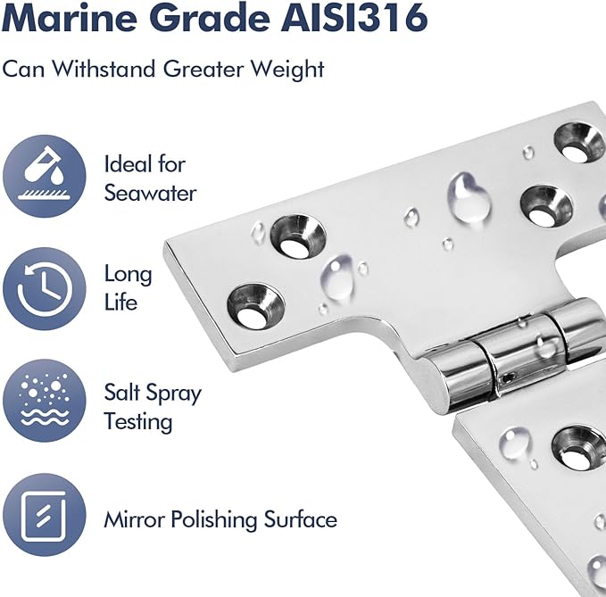 Boat T Type Hinge, Marine Grade Stainless Steel 316 Heavy Duty Strap Butt Hinge Durable Marine Applications for Hatch, Cabinet, Gate, and Door