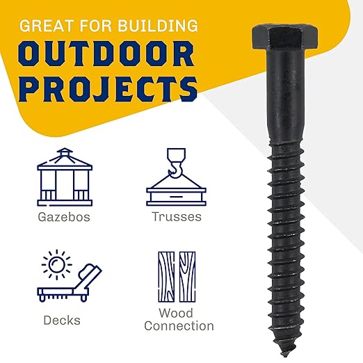 1/2" x 4”, 25-Piece Black Lag Bolts, Rustproof 4-Layer Ceramic BLAKOTE, 2X Protection of Galvanized Lag Screws, for Decks Pergolas by Makers Bolt