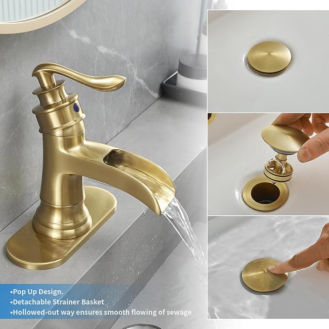 BWE Bathroom Vessel Sink Drain Stopper with Overflow One Piece Pop Up Drain Assembly with Strainer for Bathroom Vessel Vanity Faucet Brushed Gold