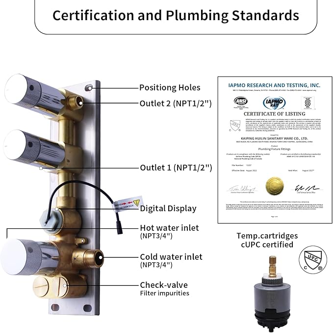 2 Way Shower Diverter Valve Brass 2 Functions Digital Temperature Display Thermostatic Shower Mixing Kit 3 Handle Flow Cotrol Valve, Can Run Simultaneously (Chrome)