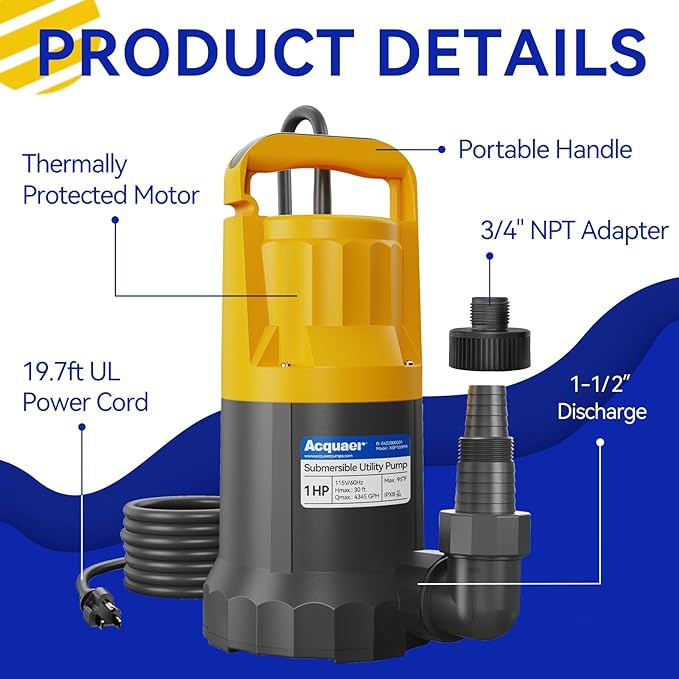 Acquaer 1HP Sump Pump, 4345GPH Submersible Water Pump for Water Removal in Hot Tubs, Pools, Basements, and Garden Ponds