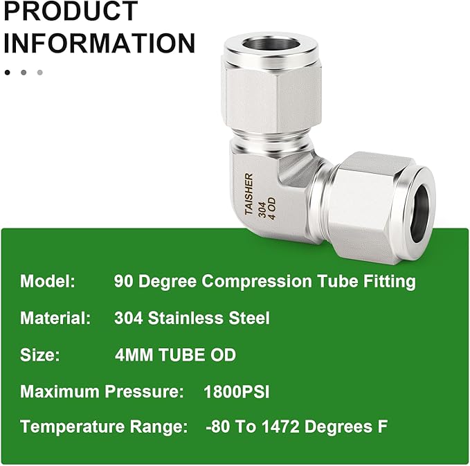 TAISHER 1PCS 304 Stainless Steel 90 Degree Compression Tube Pipe Fitting Connector, 4MM Tube OD x 4MM Tube OD Adapter