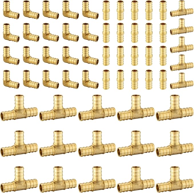 60 Pack Foskan 1/2 Inch PEX Brass Fittings Set, 20 PCS Each,Includes Elbows Tees Straight Couplings, PEX Crimp Barb Fitting Kit