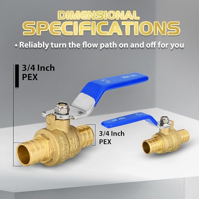 100-Pack Foskan 3/4 Inch PEX Crimp Full Port Ball Valve with Blue Handle, Brass Quarter Turn Shut-off Valve for PEX Tubing