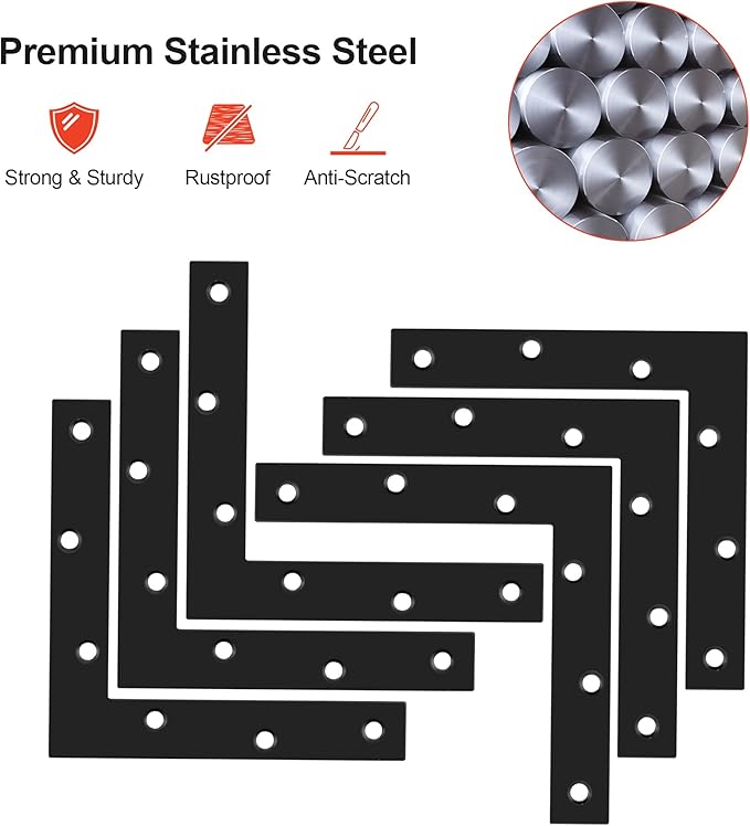 SAYAYO L Brace, 150x150mm / 6" x 6" Metal L Mending Plate L Flat Plate Bracket Stainless Steel Right Angle Corner Brace for Wood Matte Black (6 PCS )