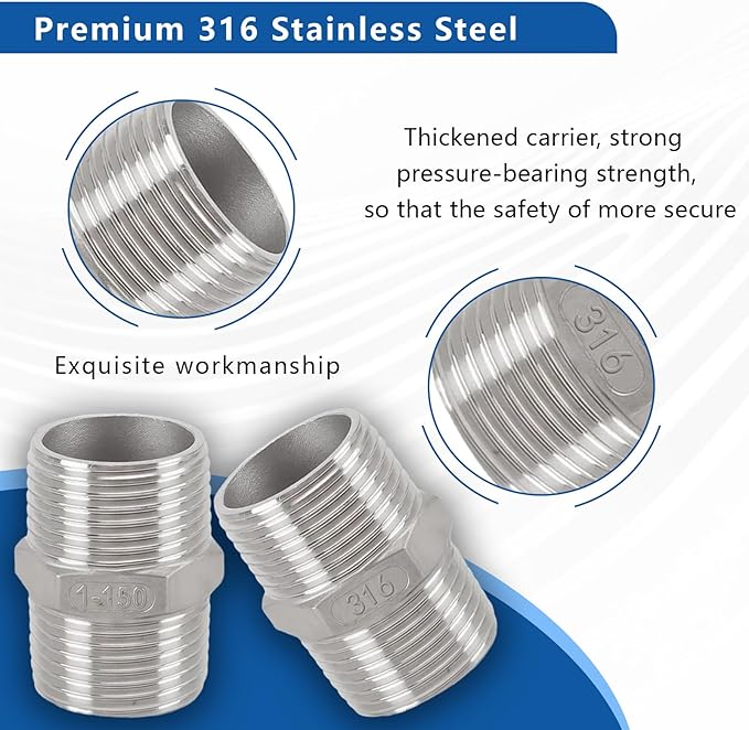 1" Male to 1" Male Hex Nipple Adapter, 316 Stainless Steel 1 Inch NPT Threaded Pipe Fitting, Heavy Duty Coupling for Plumbing Systems, Oil, Gas & Steam (2-Pack)
