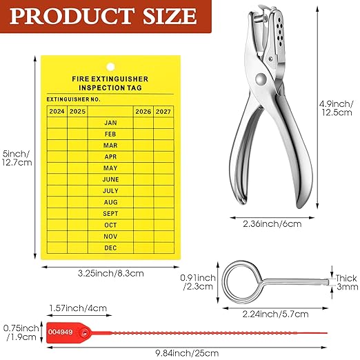 Chunful Fire Extinguisher Inspection Tags Set Including 2025-2028 Maintenance Plastic Tamper Seals Fire Extinguisher Pull Pins Numbered Security Tags with Handheld Hole Puncher(151 Pieces)