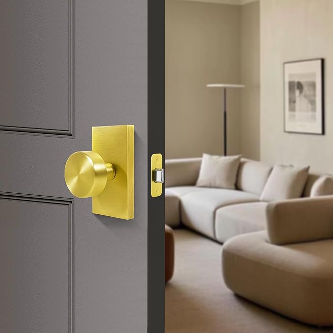Satin Brass Adjustable Door Latch 60 or 70mm, 45° Turning Angle, Door Lock Replacement Parts with Door Strike Plate, Wood Dowel, Dust-Boxes