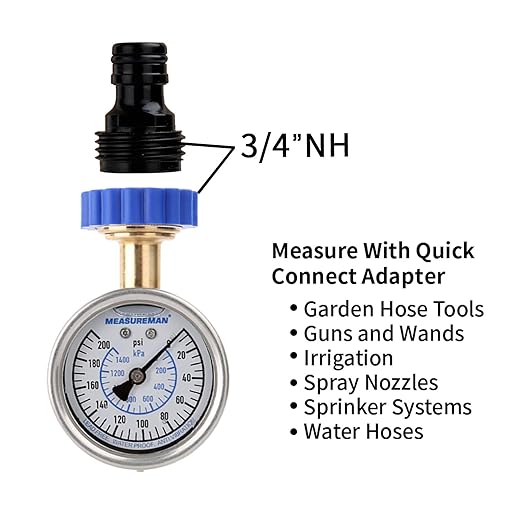 MEASUREMAN 2-1/2" Water Pressure Gauge Kit 6 Parts Kit, Lead-Free Brass, 2-1/2" dial, 0-200 Psi，Glycerin Filled,3/4" Hose Thread, Plus 5 Adapters