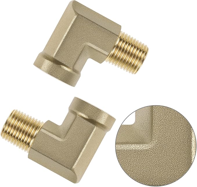 QWORK 90 Degree Brass Street Elbow, 2 Pack 1/8" NPT Male x 1/8" NPT Female Forged Fitting, High-Temperature Brass Connector, NPT Pipe Fittings
