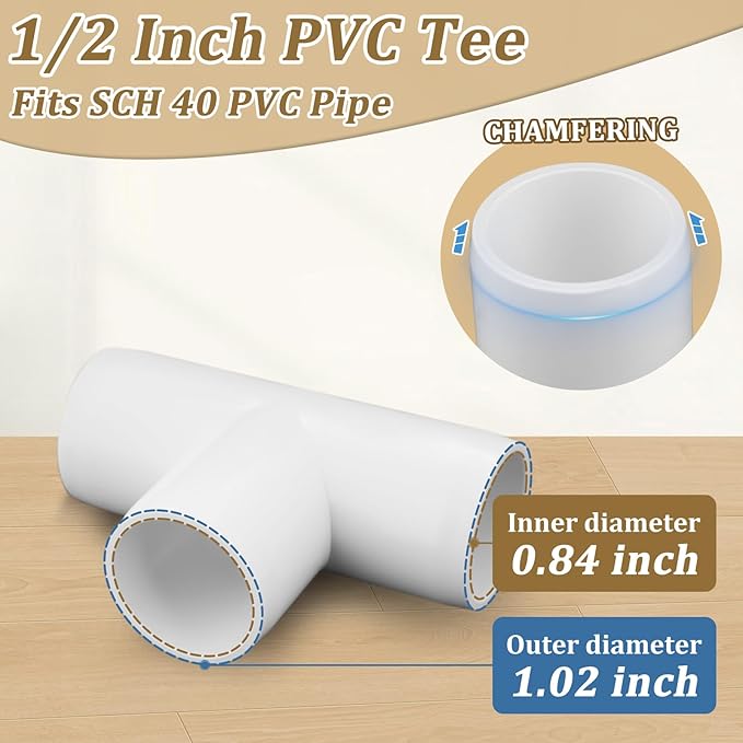 20-Pack 1/2" Tee PVC Fittings, Furniture Grade Pipe Fittings 3 Way for SCH40 PVC Pipe, Pipe Connectors for All DIY Structure and Frames