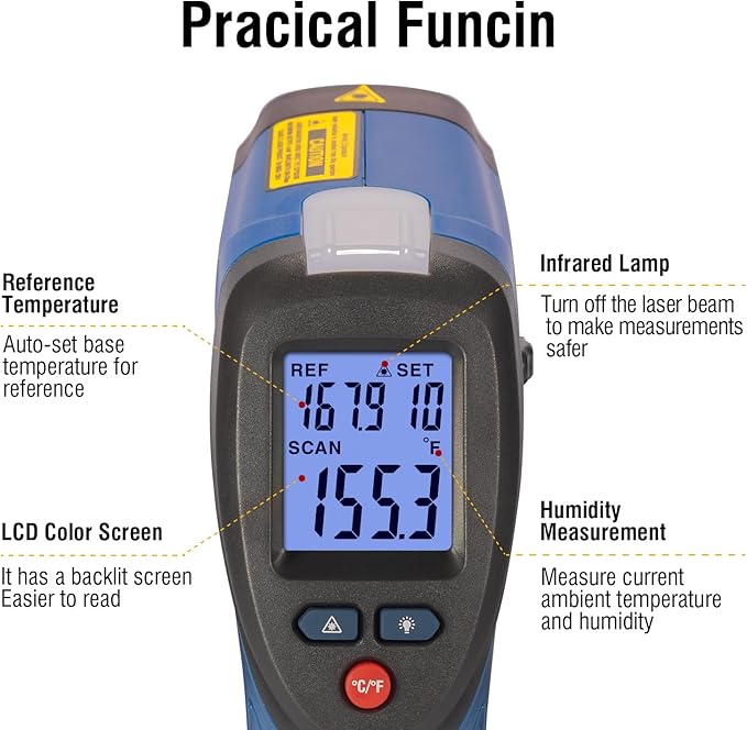 CEM DT-8666 Digital Infrared Meat Thermometer Gun,DS10:1 Instant Read Laser Temperature Gun for Griddle,Grill,Oven,Pizza, Thermal Air Heat Leak Detector for Industrial Repairs with Color Light Alarm