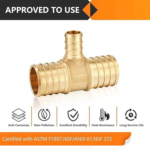 5-Pack HeSun PEX Fittings, 1"x1"x1/2" Pex Tee, Brass Crimp Fitting for ASTM F1807(PEX1807086)