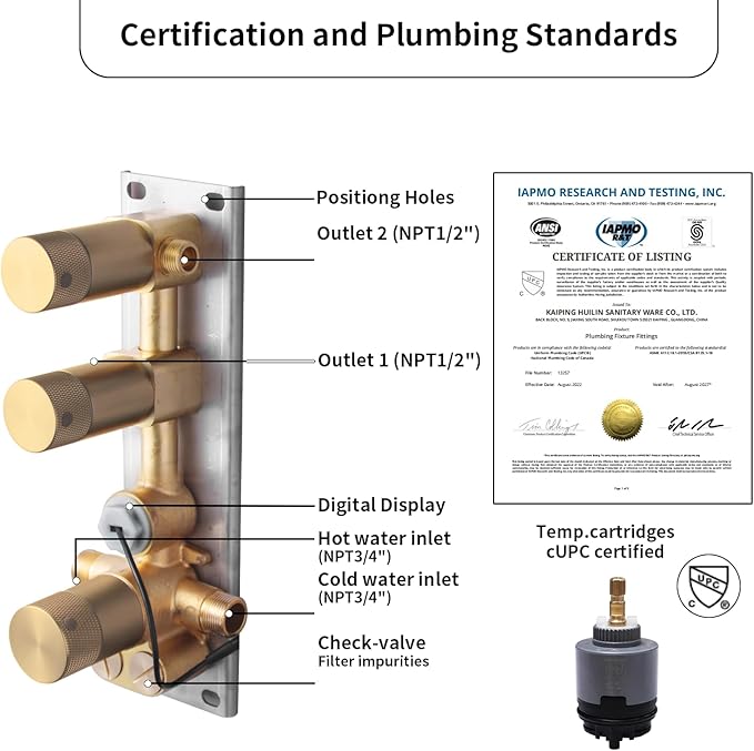 2 Way Shower Diverter Valve Brass 2 Functions Digital Temperature Display Thermostatic Shower Mixing Kit 3 Handle Flow Cotrol Valve, Can Run Simultaneously (Brushed Gold)