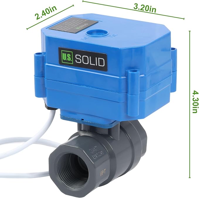 U.S. Solid 3/4" UPVC Motorized Ball Valve - Plastic Electrical Ball Valve with Standard Port, 2 Wire Auto Return, 9-24V AC/DC, Normally Closed