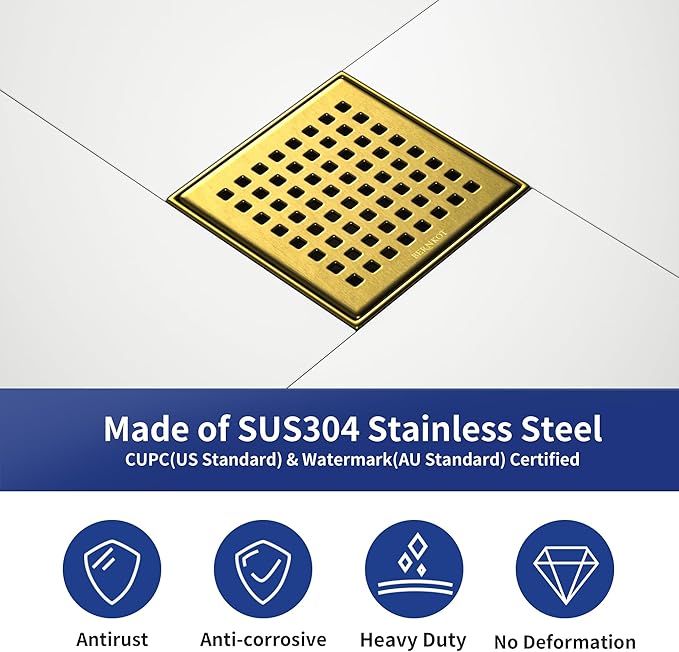 Square Shower Drain 4", 304 Stainless Steel Floor Drain w/Hair Strainer, Grid Shower Drain w/CUPC Certified (Brushed Gold, 4 Inch)