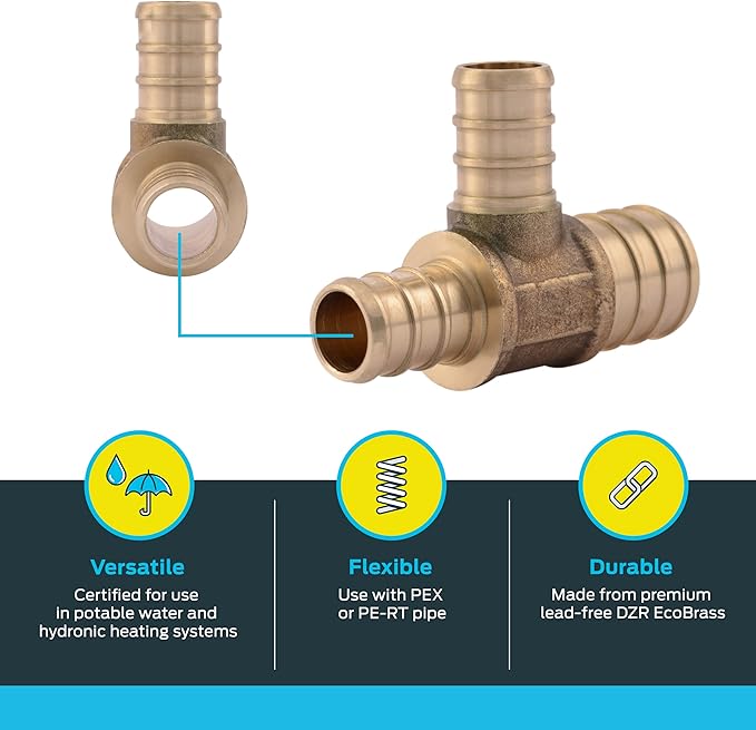 SharkBite 3/4 Inch x 1/2 Inch x 1/2 Inch Crimp Reducing Tee, Brass Plumbing Fitting, PEX Pipe, PE-RT, UC454LFA