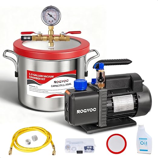 1.5 Gallon Vacuum Chamber Kit with 3.5 CFM Vacuum Pump, Stainless Steel Degassing Chamber with Acrylic Lid, Hose, for Resin, Silicone, Epoxy and Wood Stabilizing