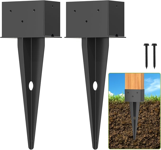 2 Pcs 4"x 6" Fence Post Anchor Ground Spike, 16.5" Heavy Duty Metal Fence Stake Post Bases (Inner Size 3.6"x5.6") with Black Powder Coated for Fence, Deck, Railing, Mailbox and Porch