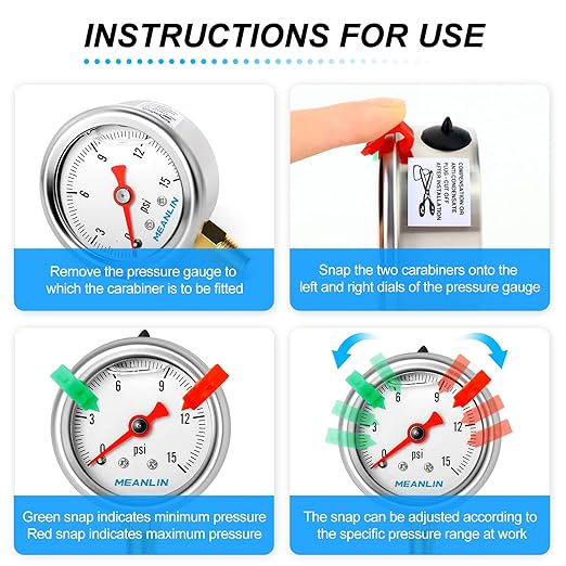 MEANLIN MEASURE 0~15Psi Pressure Gauge, Glycerin Filled 1/8" NPT 1.5" FACE DIAL, Stainless Steel Liquid Filled Pressure Gauge WOG Water Oil Air Lower Mount (with 2PCS Snaps)