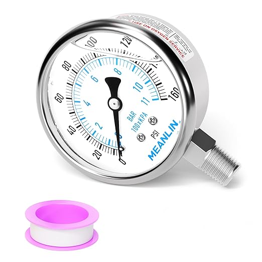 MEANLIN MEASURE 0~160Psi Liquid Filled Pressure Gauge Stainless Steel with 316 Stainless Steel Joint 1/4" NPT 2.5" FACE DIAL for Air Compressor RV Regulator Water Pressure Tester Lower Mount