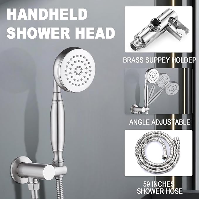 Enga Antique Shower Faucet Sets Dual Heads with 4 Body Jets, 8" + 6" Ceiling & Wall Mount Vintage Shower Head with Handheld Spray Combo, 4 Way Diverter Brass Valve, Brushed Nickel