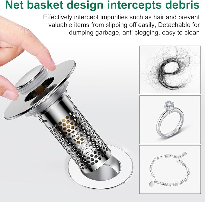 Bathroom Sink Drain Strainer,Pop-Up Sink Stopper Hair Catcher, Anti-Clog Stainless Steel Drain Filter Basket, Removable Sink Drain for Bathroom Sink Stopper Replacement (Silver-2)