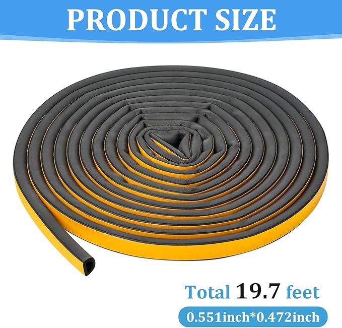 19.7Feet Rubber Weather Stripping Door Seal, Self-Adhesive Seals for Window Gap, Soundproofing, Insulation Strip, Door Sealers for Door Frame (Black)