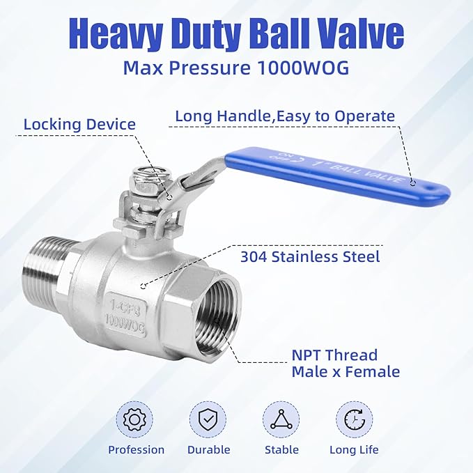 YADIAN 4 Pack 304 Stainless Steel 1'' Ball Valve Heavy Duty Full Port NPT Male x Female with Blue Vinyl Insulation Handle and Locking Device for Water, Oil, and Gas, 1000WOG (1inch NPT, Pack of 4)