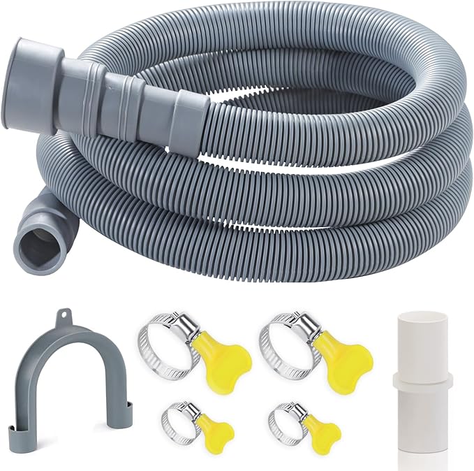 6.5 Feet Washing Machine Drain Hose Universal, Flexible Washer Drain Hose Extension Kits Corrugated Dishwasher Hose w/ 1 Adapter 4 Clamps 1 U-Bend Holder