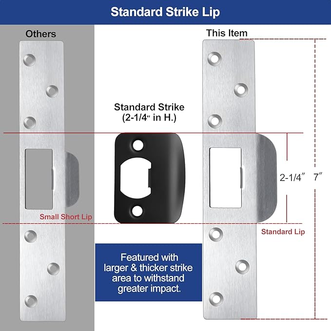 Extra-Long Door Strike Plate 7", Extended Reinforced Striker Plate, Heavy Duty, Oversized to Repair Damaged Worn Frame/Slot/Jamb, Large Hole to Fix Latch Sticking (Satin Nickel)
