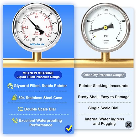 MEANLIN MEASURE -30inHG~30Psi Stainless Steel 1/4" NPT 2.5" FACE DIAL,Vacuum Pressure Gauge,Center Back Mount, with 1/4" x 1/2" NPT and 1/4" x 3/8" NPT Hex Bushing