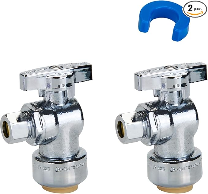 SUNGATOR 2-Pack Angle Stop Valve, Angle Water Shut Off Valve 1/2 x 1/4 Inch Compression, Toilet Water Shutoff, 1/4 Turn, No Lead Brass Push to Connect Plumbing Fitting, Pushfit, PEX Pipe, Copper, CPVC
