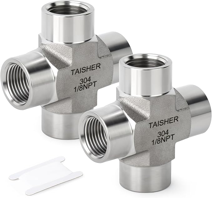 TAISHER 2PCS Forging of 304 Stainless Steel 4 Way Pipe Fittings, 1/8" x 1/8" x 1/8" x 1/8" NPT Female Pipe Fittings