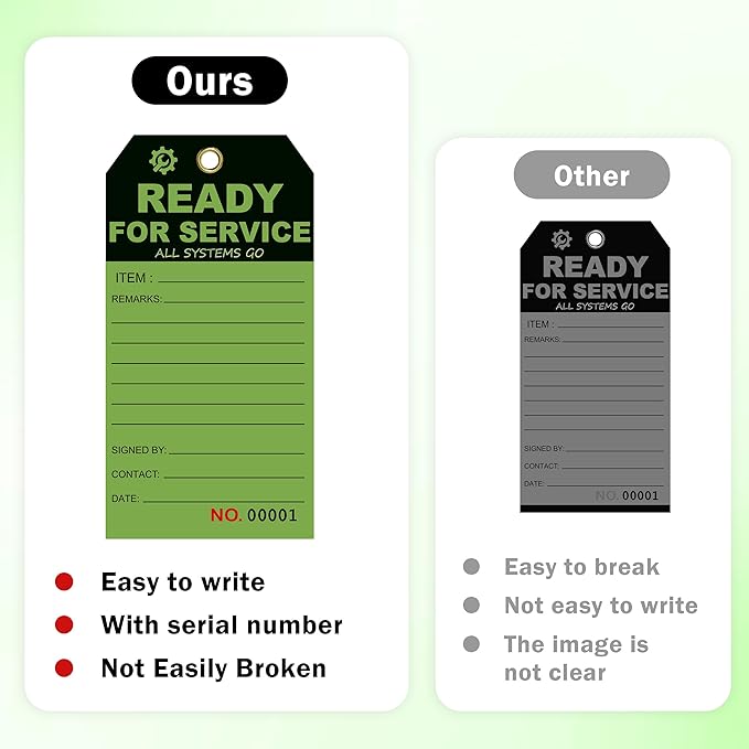 100 Pcs Ready for Service Tags 3 x 5.75 Inch with Serial Number Service Repair Green Tag with 10 Inch Wire Status Notice Tags Equipment Tag Designed for Factories (100)