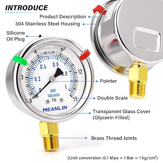 MEANLIN MEASURE 0~15Psi Low Liquid Filled Pressure Gauge Stainless Steel 1/4" NPT 2" FACE DIAL for Water Oil Air Well Pump Tank Tire Pressure Test Lower Mount, with Hex Bushing and 2PCS Snaps