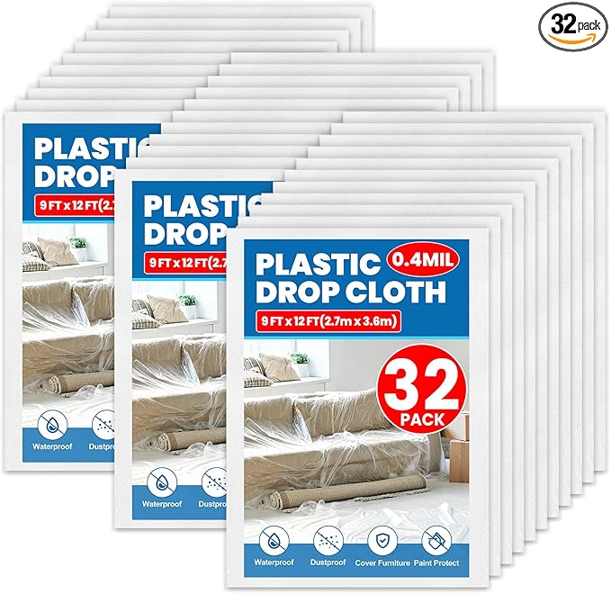 32 Pack Plastic Drop Cloth, 9 x 12 Feet Plastic Sheeting, Painter's Sheeting & Tarps for Painting, Dustproof Painters Plastics Tarp for Furniture Cover