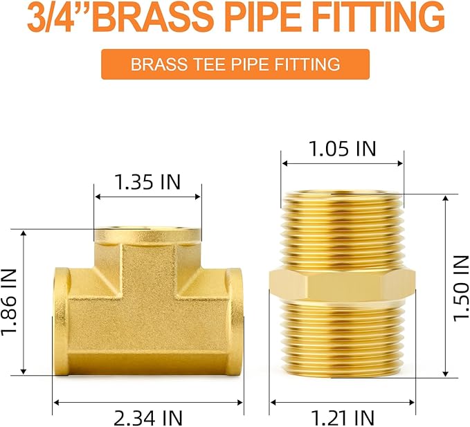 GASHER 2PCS Brass Tee Pipe Fittings, 3/4" NPT Female x 3/4" NPT Female x 3/4" NPT Male Pipe Fittings, Male Run Tee