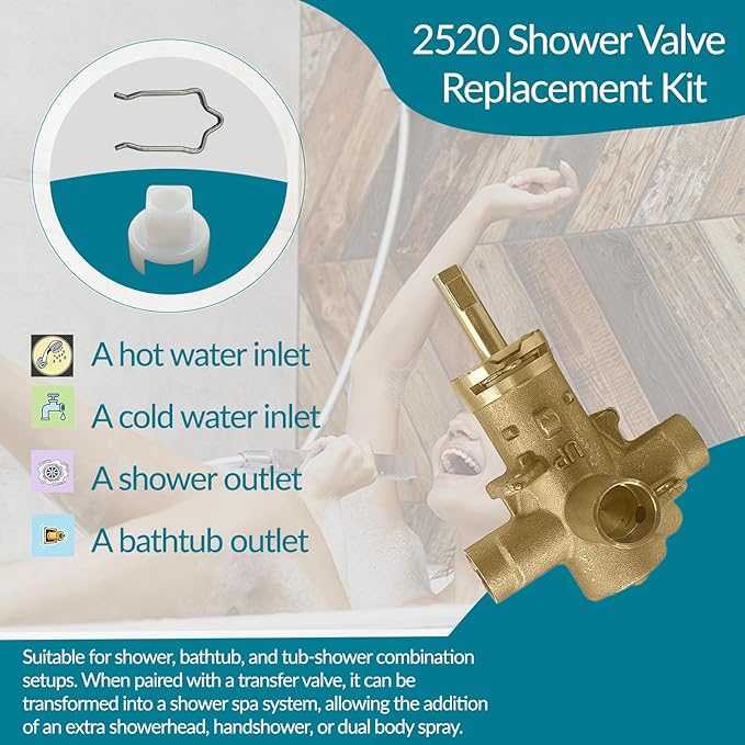 2520 Shower Valve, Brass Pressure Balancing Shower Valves Replacement for Moen 2520-1/2-Inch CC Connection, for Moen Trim Kit, 4-Port Design with 1222 Cartridge Included