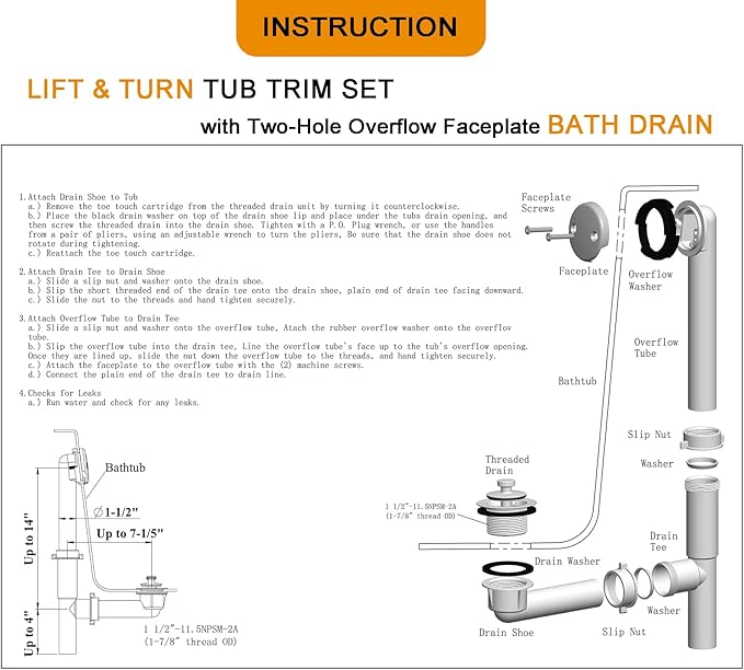 (1 Pack) Yariwiz 1-1/2" Matte Black Bathtub Tub Drain Kit Bath Waste Overflow Drain Tube Assembly with Universal Lift & Turn Bathtub Drain and Overflow Faceplate Matte Black