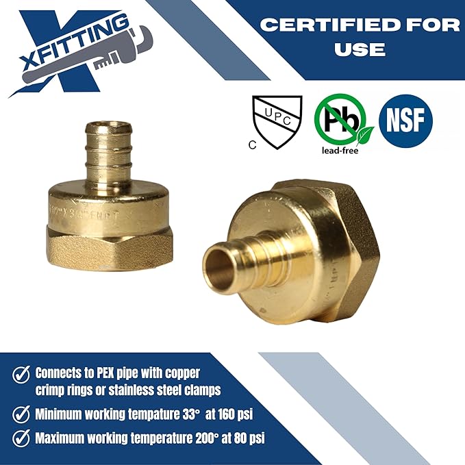 XFITTING Pex Fitting, 3/4 inch Female NPT to 1/2 inch Pex Adapter for Plumbing Repairs or Remolding, Sturdy and Durable Brass Crimp Fitting, 5 Pieces
