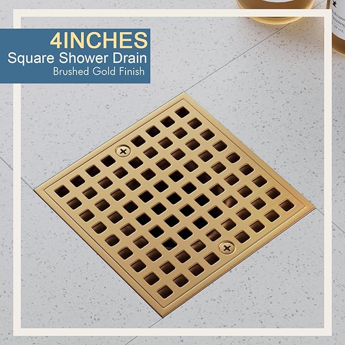 4-1/4" Square Shower Drain Kit - Champagne Bronze 304 Stainless Steel Low Profile Floor Drain with ABS Flange & Hair Catcher (Fits 2"/3" Pipes, Gold Finish)