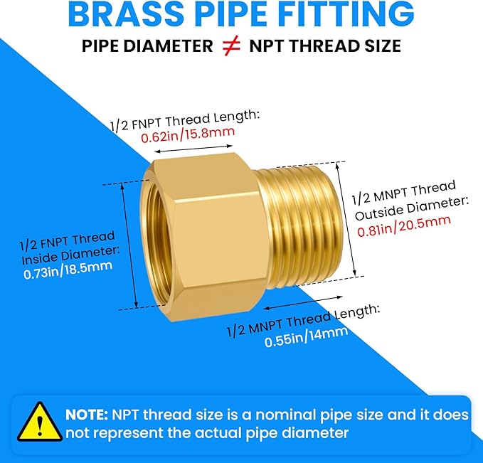 SDTC Tech 2-Pack Brass Pipe Fitting 1/2 NPT Thread Male to 1/2 NPT Thread Female Reducer Adapter, Brass Pipe Extension Connectors