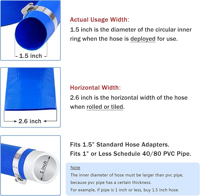 DAVCO 1.5" x 50 ft Pool Backwash Hose, Heavy Duty Reinforced Blue PVC Lay Flat Water Discharge Pump Hoses For Swimming Drain Pools and Clean Filters,with 1 Clamp