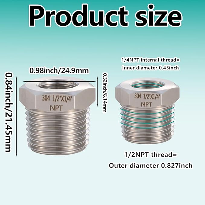 2 Pcs 1/2" Male NPT to 1/4" Female NPT Reducer Hex Bushing，304 Stainless Steel Pipe Fitting Hex Bushing, Heavy Duty Pipe Fitting Reducer Adapter