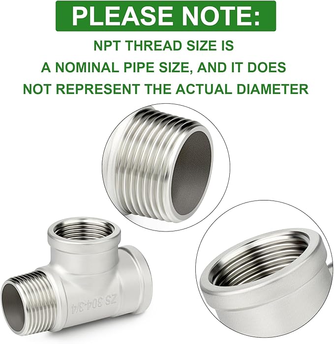 TAISHER 5PCS 304 Stainless Steel Tee Pipe Fittings, 3/4" NPT Female x 3/4" NPT Female x 3/4" NPT Male Pipe Fittings, Male Run Tee