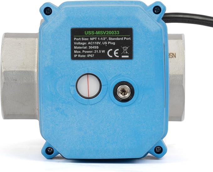 U.S. Solid 1-1/2" Motorized Ball Valve with US Plug 110VAC 304 Stainless Steel Electrical Ball Valve, Auto Return, Normally Closed, NSF Certified, IP67