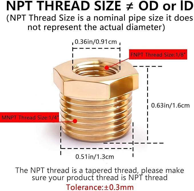 1/4" NPT Male to 1/8" NPT Female Brass Hex Bushing Reducing Bushing Pipe Fitting, Brass Fitting Reducer Adapter
