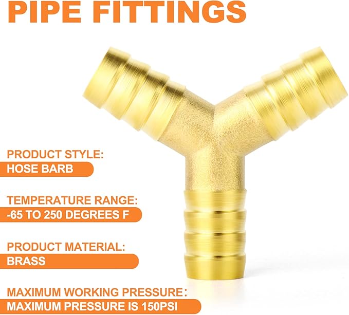 GASHER 10Pcs 1/4 Inch Brass Hose Barb, 3-Way Y-Shaped Hose Fitting Intersection/Lquid/Fuel/Air